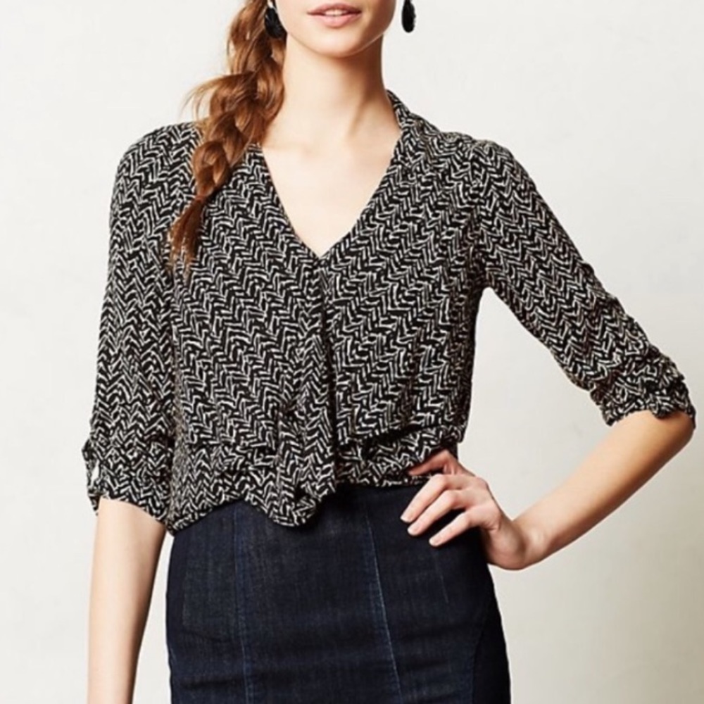 Anthropologie 11.1.TYLHO black and cream ruffle front top